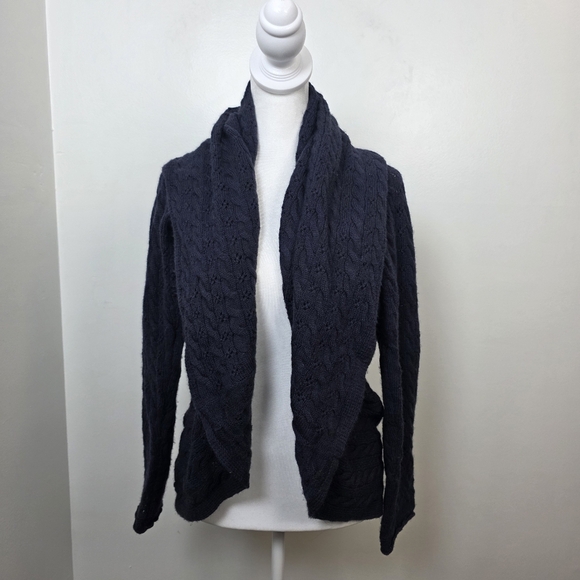 Cynthia Rowley Navy Blue 100% Merino Wool Shawl Collar Cardigan Size Large - Picture 1 of 7